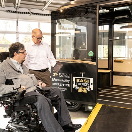 Brad Duerstock, left, and Phill Bell, right, have been collaborating for eight years on how to improve the design of vehicles for people with disabilities. (Credit: John Underwood / Purdue University)